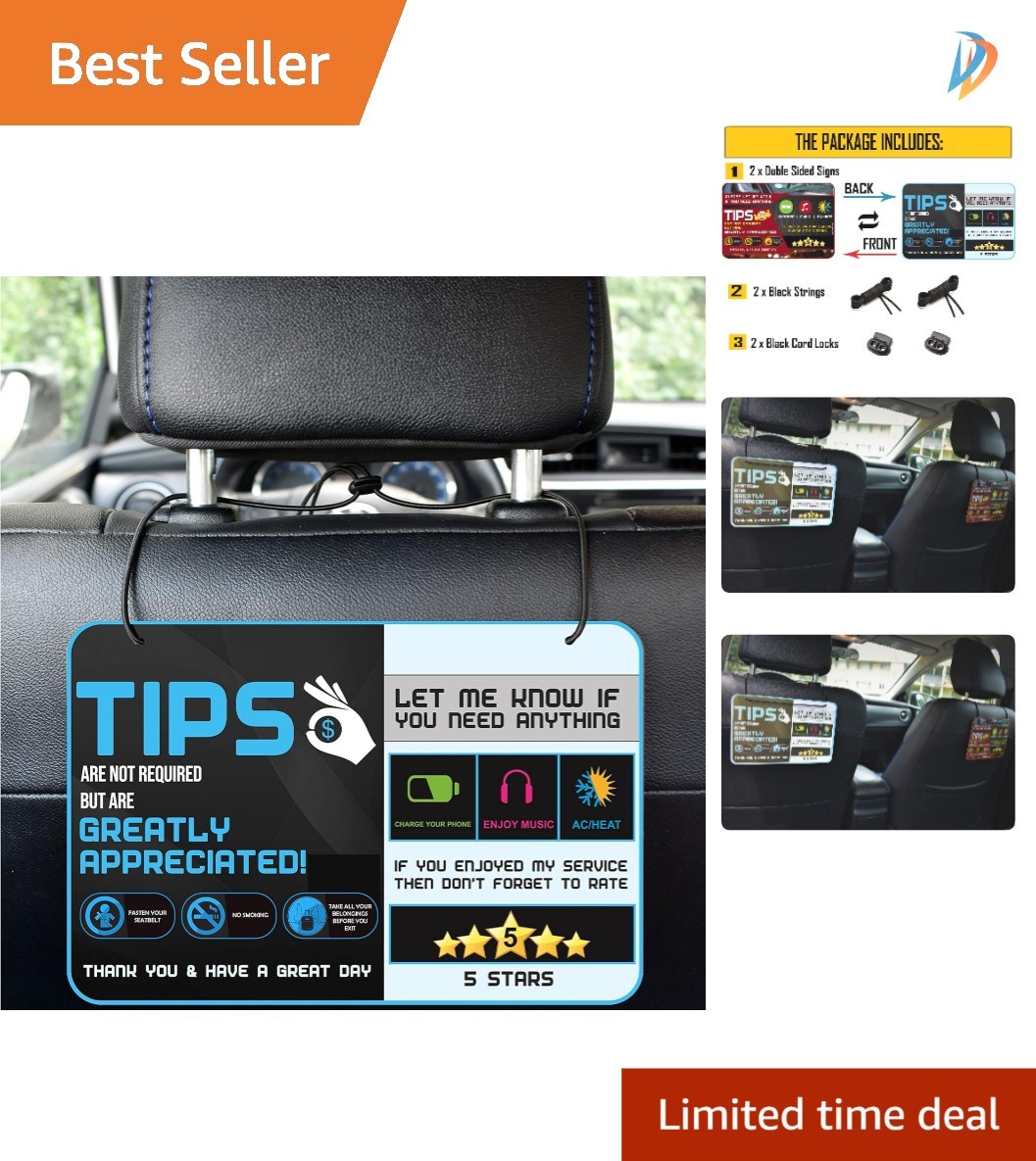 Waterproof Ride-Share Sign Pack – 5 Stars Tips for Drivers – 9×6 Inches, 2 Pack