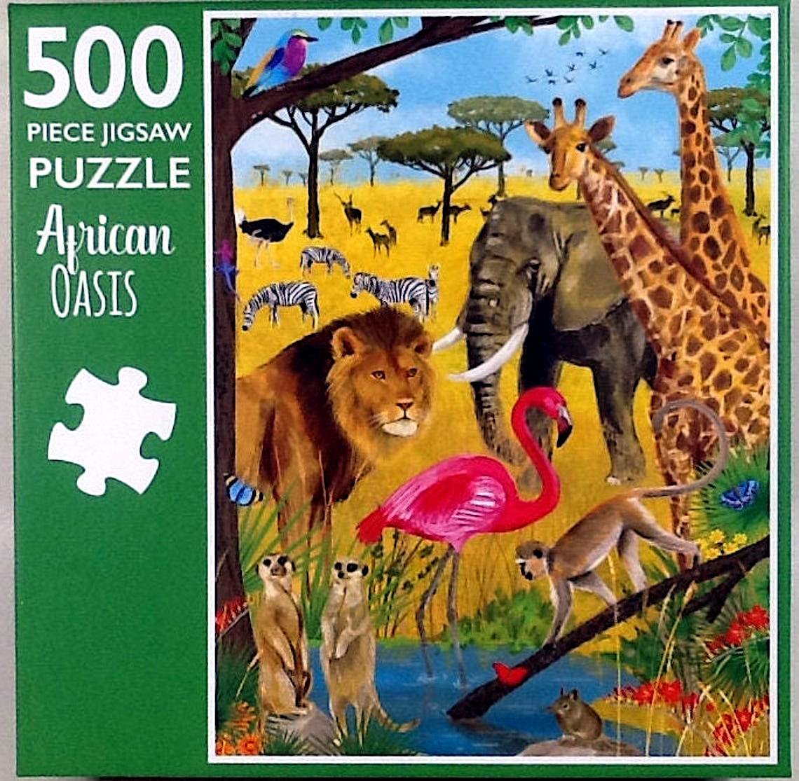 African Oasis Lion Elephant Giraffe Flamingo Zebra Meerkat Monkey 500 pc Page