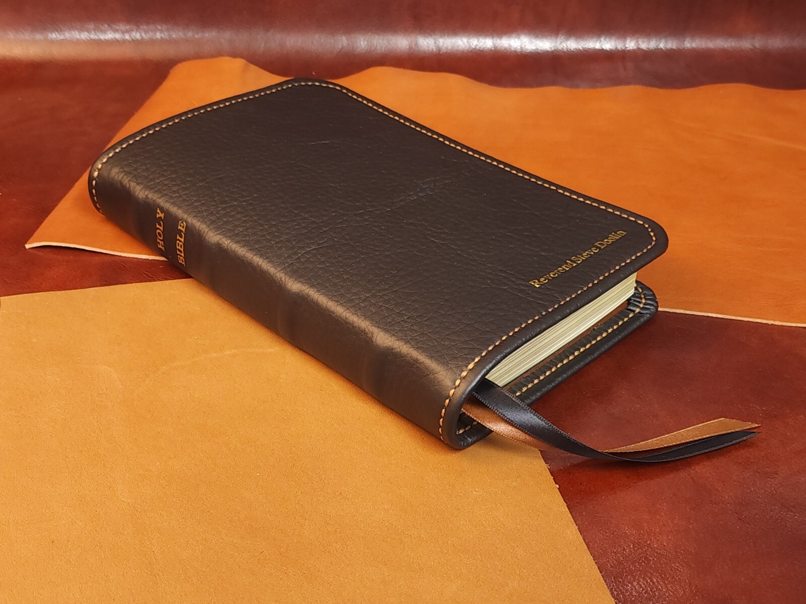 Black Cowhide Journal the Word Bible with Brown Sheepskin Liner and two ribbons