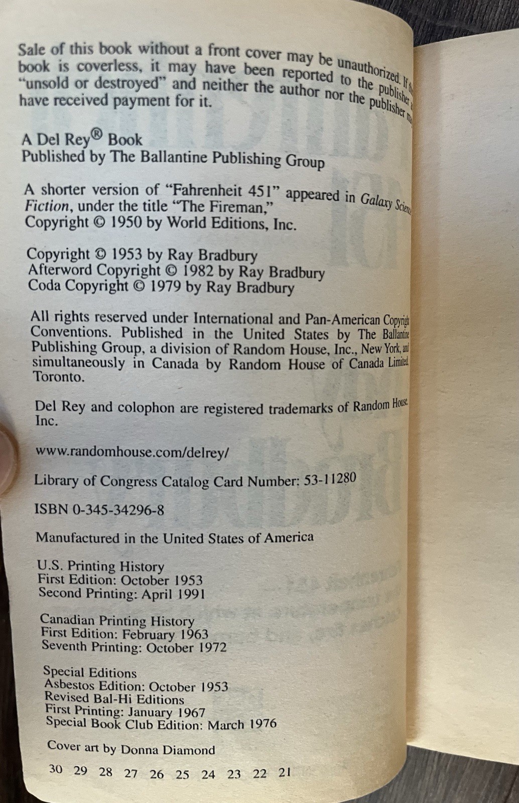 Vintage Fahrenheit 451 Ray Bradbury 1991 Del Rey Ballantine Banned Book Sci Fi