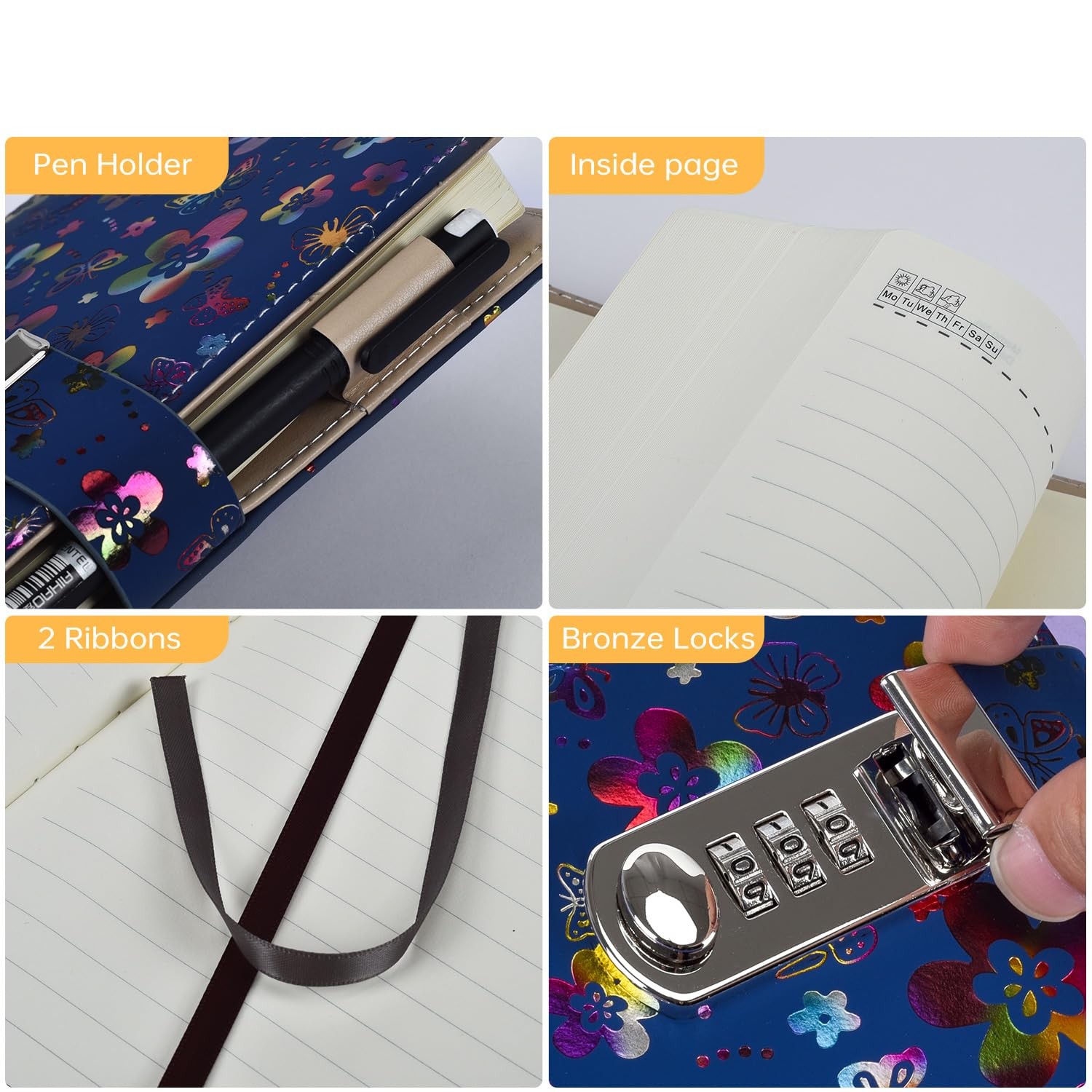 Diary with Lock for Women A5 PU Leather Journal 240 Pages Password Multicolor