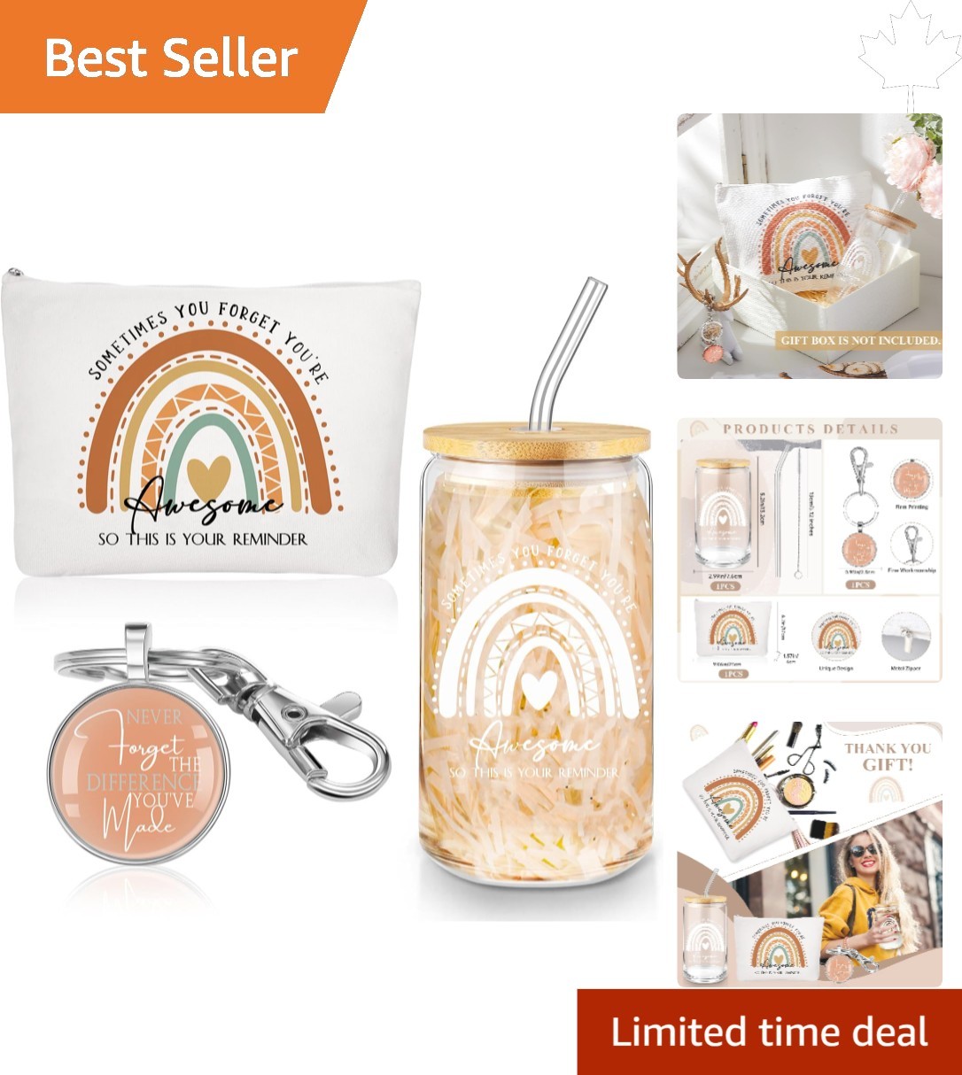Colorful Superhero Appreciation Gift: 16oz Glass Tumbler, Makeup Bag & Keychain