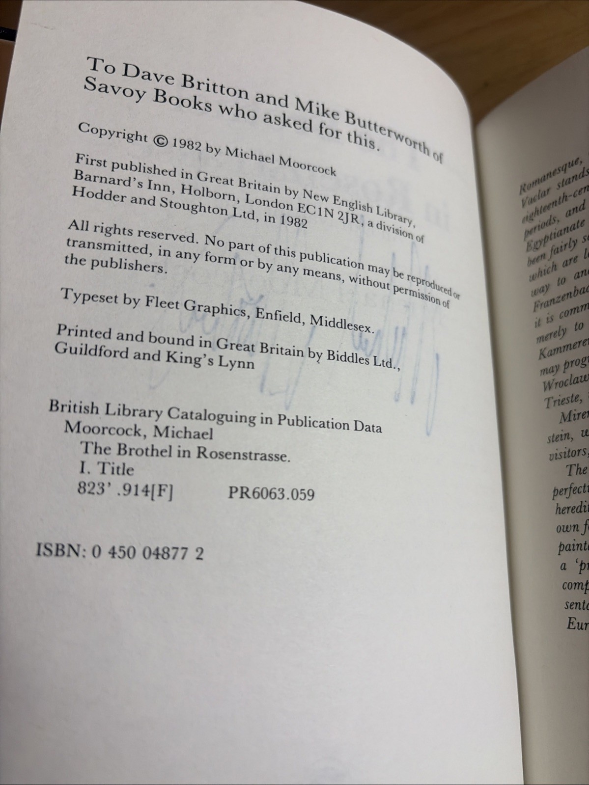 Signed The Brothel in Rosenstrasse Michael Moorcock 1982 1st UK Edition HCDJ NF