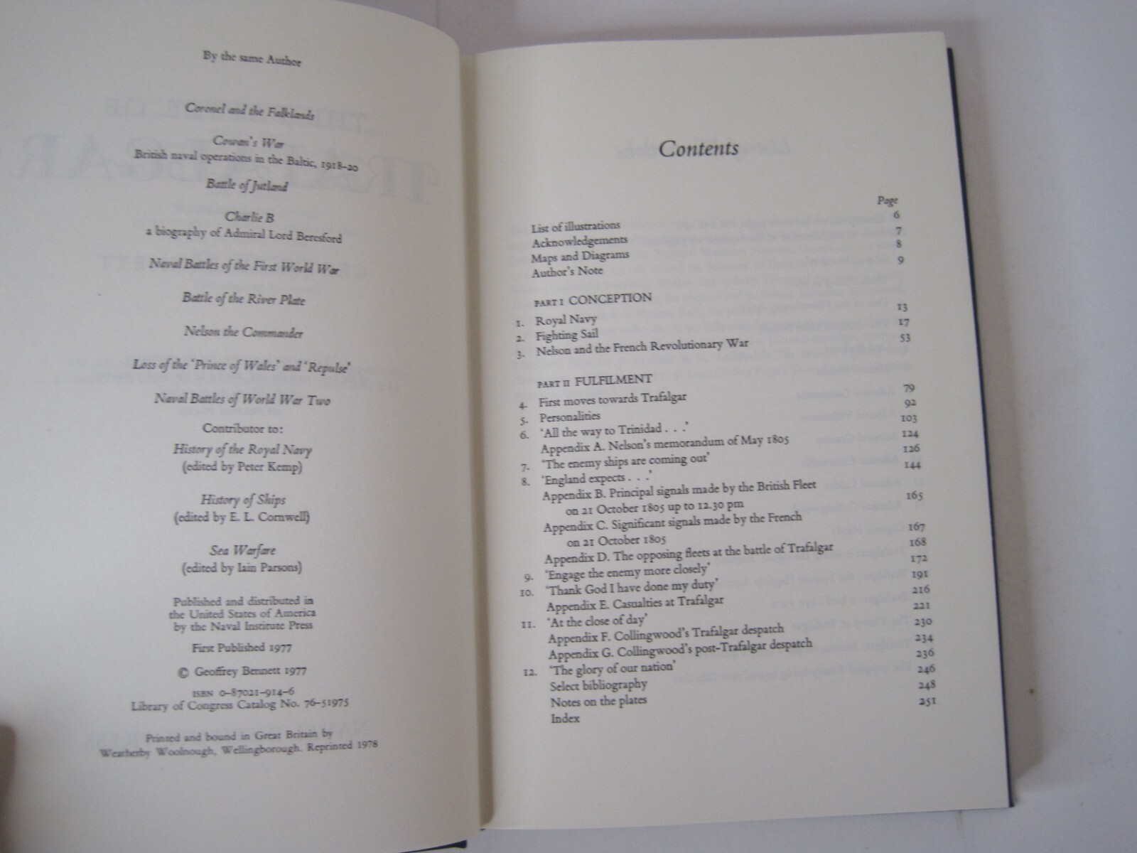 The Battle of Trafalgar by Geoffrey Bennet Hardcover 1978 Naval Institute Press