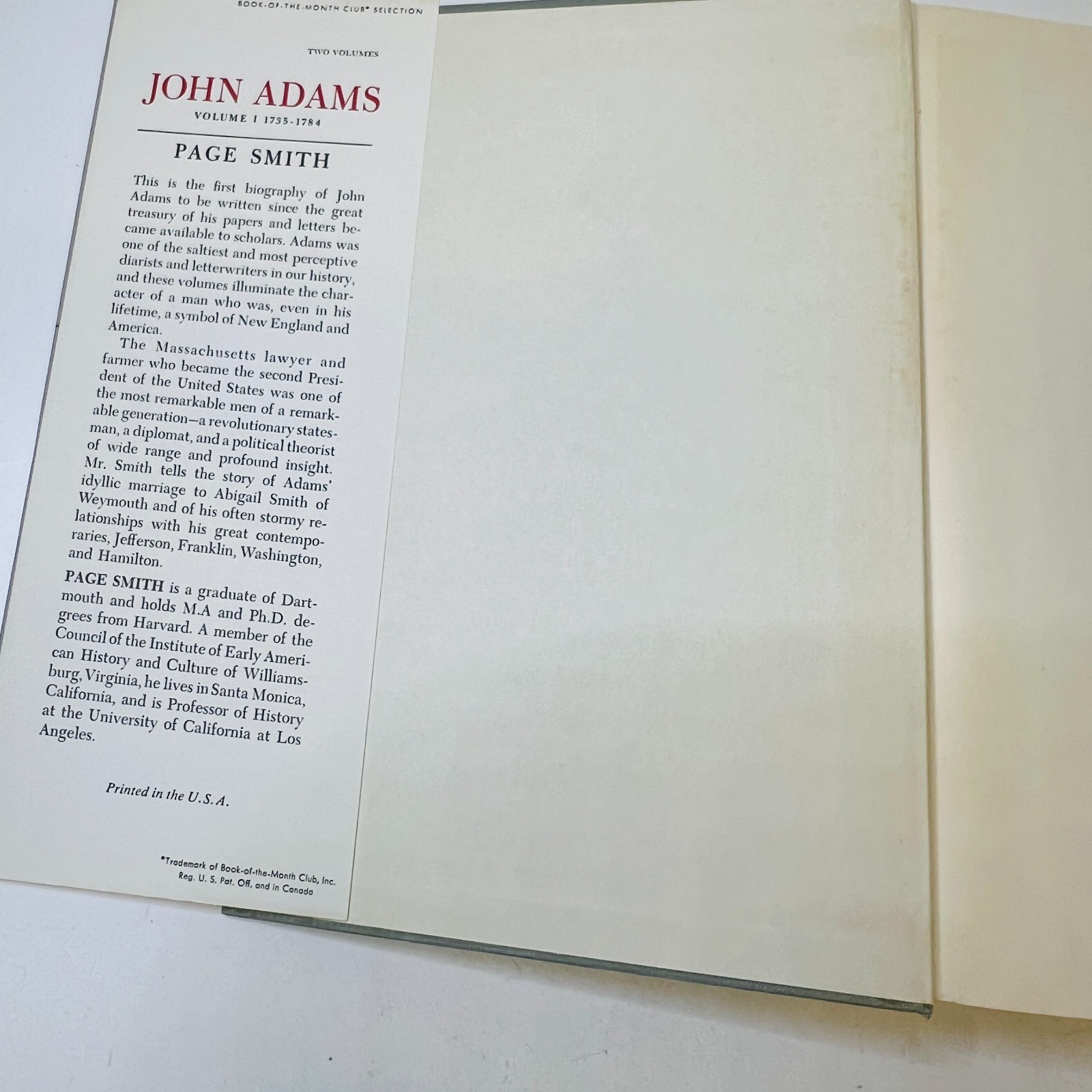 John Adams by Page Smith 1962, Volumes I and II, First Edition HC/DJ