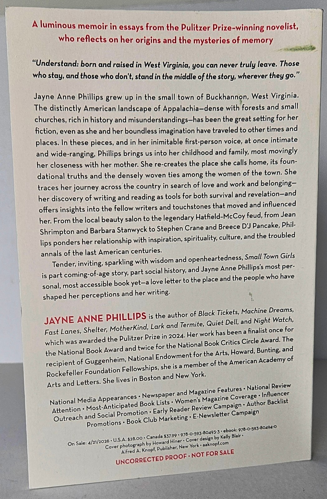 Small Town Girls: A Writer’s Memoir by Jayne Ann Phillips (Night Watch) ARC