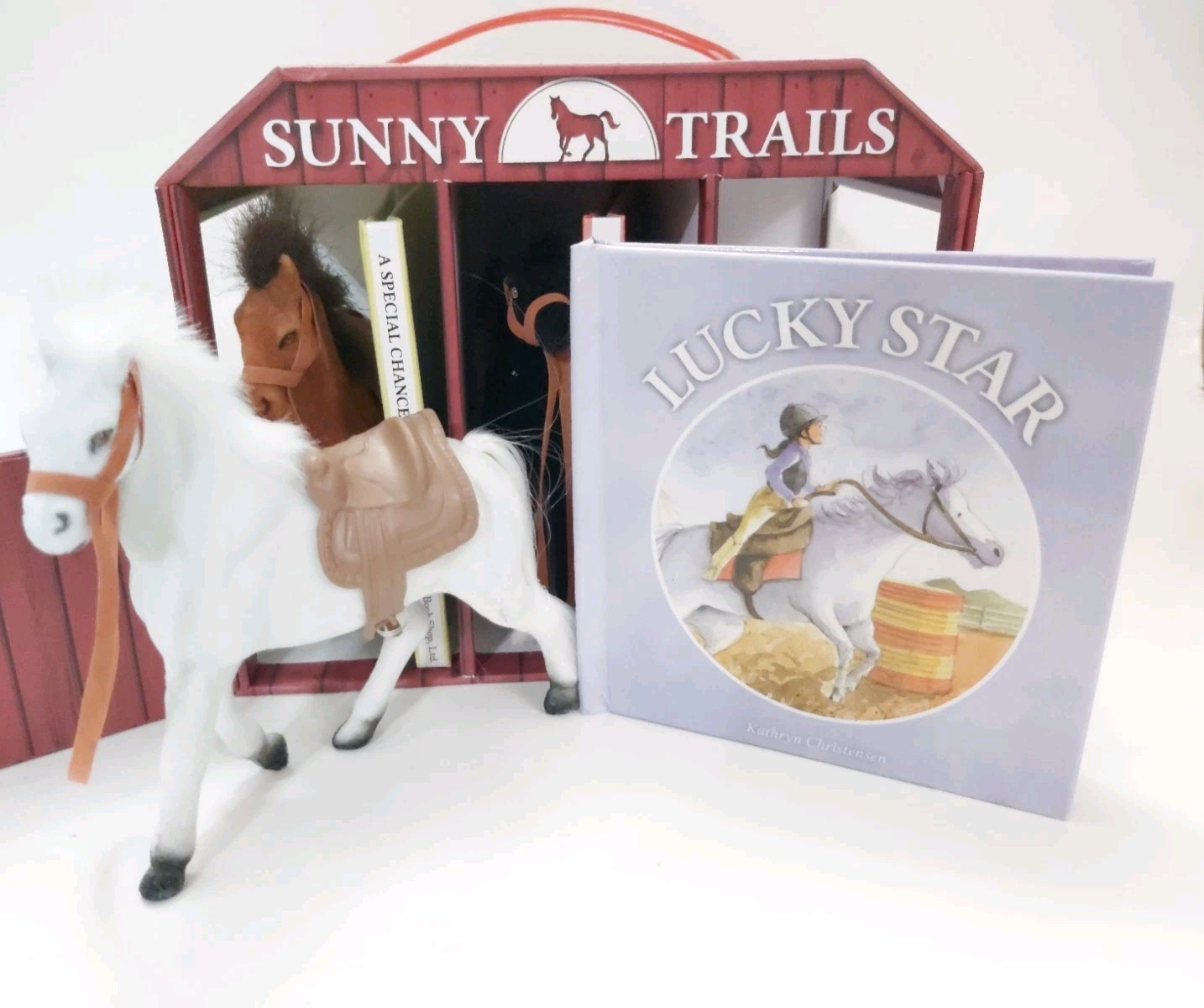 Sunny Trails Farms 3 Books 3 Plush Flocked Horse Figures Stable Barn Play Set
