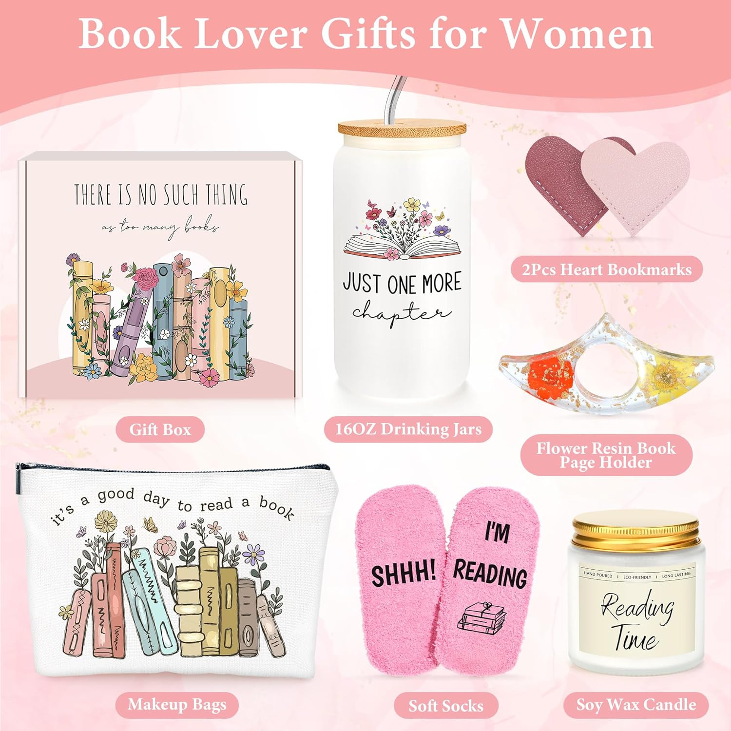 Book Lover Gift Set 16 oz Glass Cup Candle Socks Bookmark For Readers