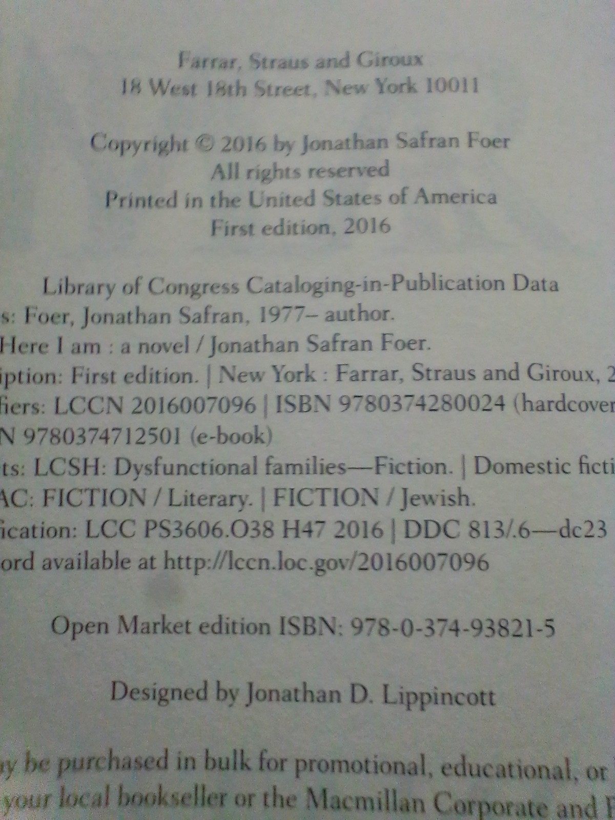 Here I Am, Foer, Jonathan Safran, Farrar Straus and Giroux FIRST EDITION LIKE NW