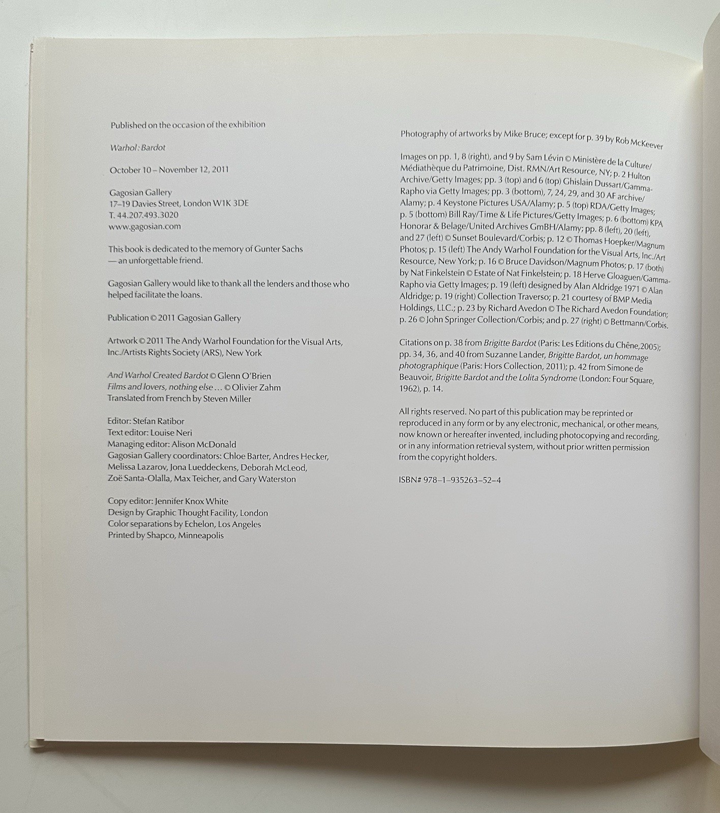 Warhol: Bardot Exhibition Catalog Gagosian Gallery 2011 HC